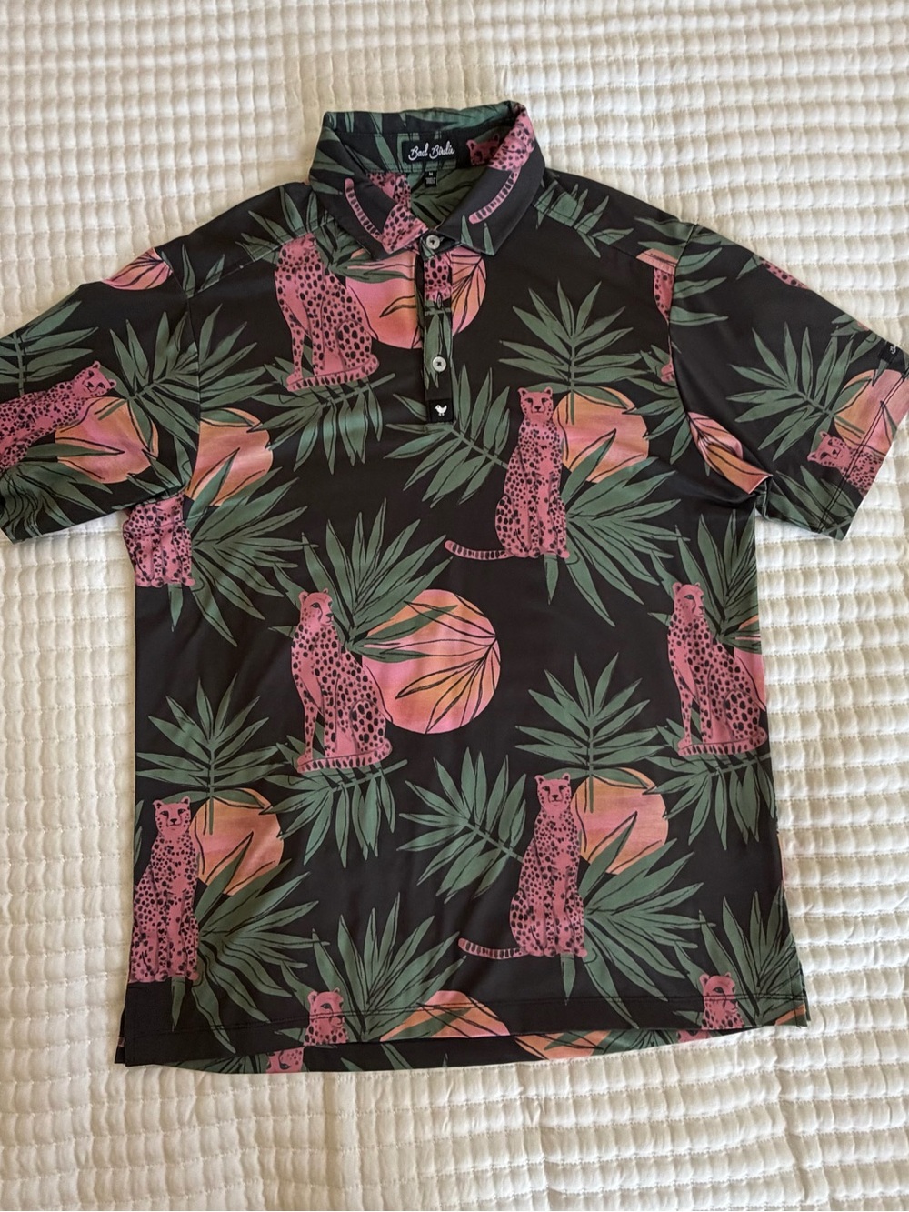 Bad Birdie Men’s Black Polo with Pink Leopard Print - Picture 2 of 5